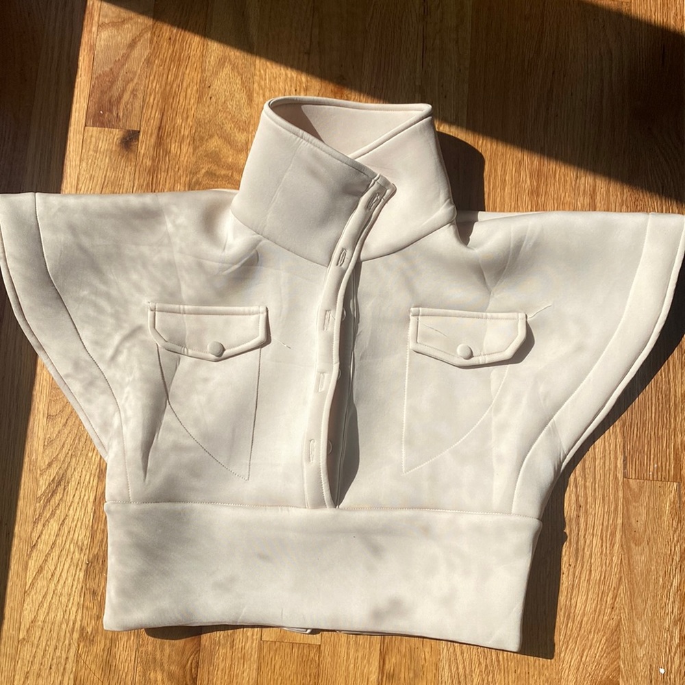 Cropped Mock-Neck Polo Top in Cream
